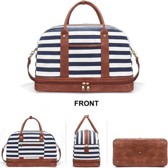 Canvas Weekender Travel Duffel Bag Shoe Compartment Navy Beige Boho Striped - Picture 14 of 16